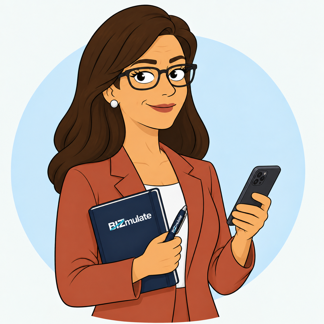 BIZmulate guide holding a notebook and a phone